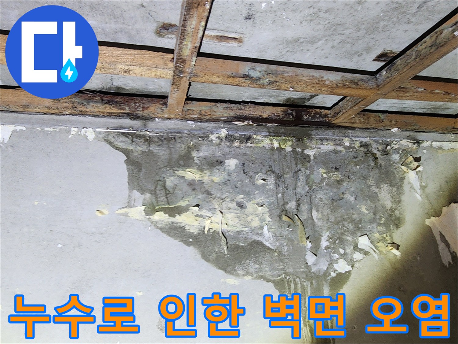 물샘 현상이 발생한-천장 아래쪽의 젖은 벽체 부위