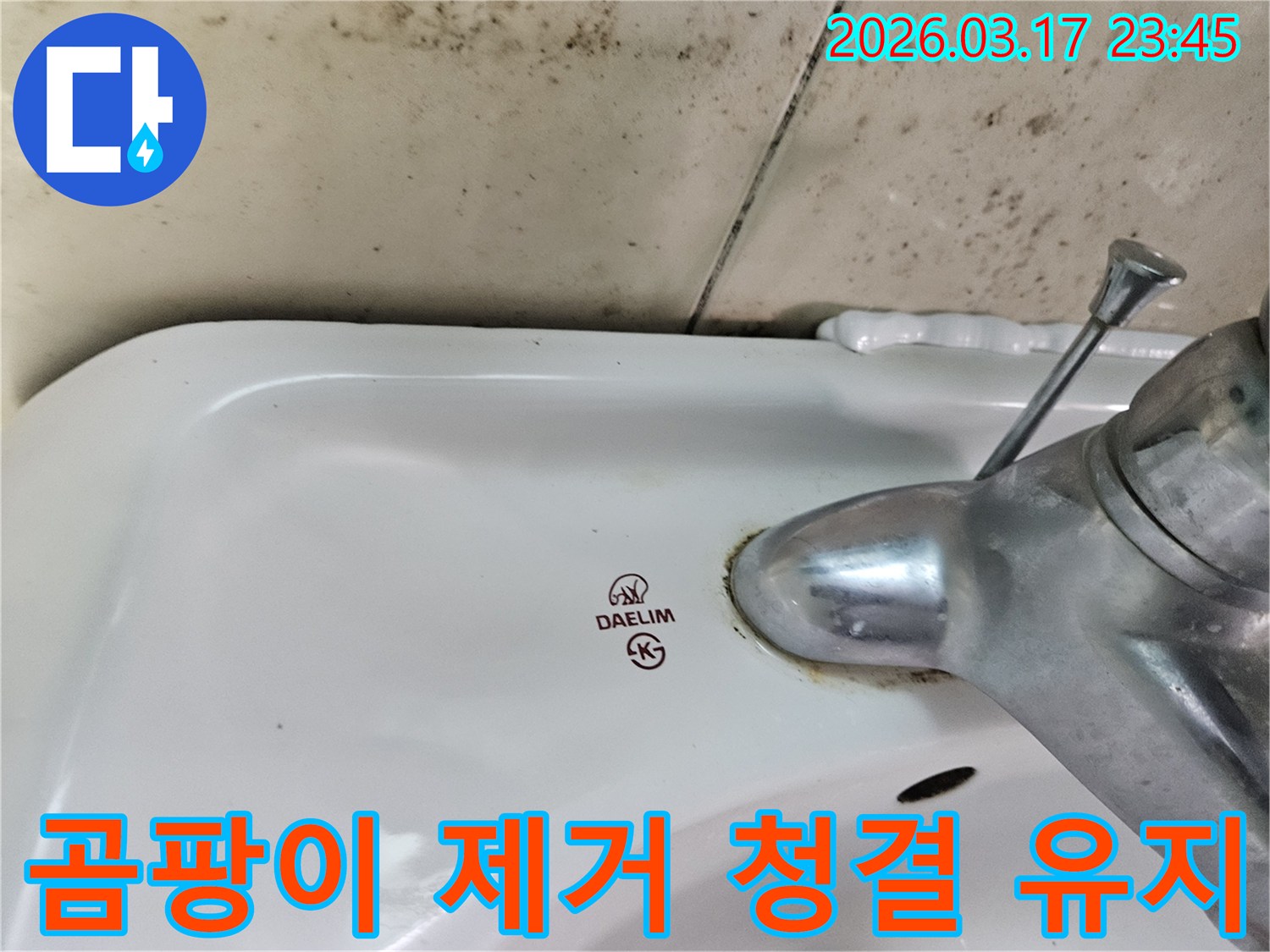 대림 세면대 수도꼭지 주변의 물때와-벽면에 번진 검은 곰팡이가-곰팡이 제거 후 청결 유지 방법이 필요한 현장을 보여줍니다.