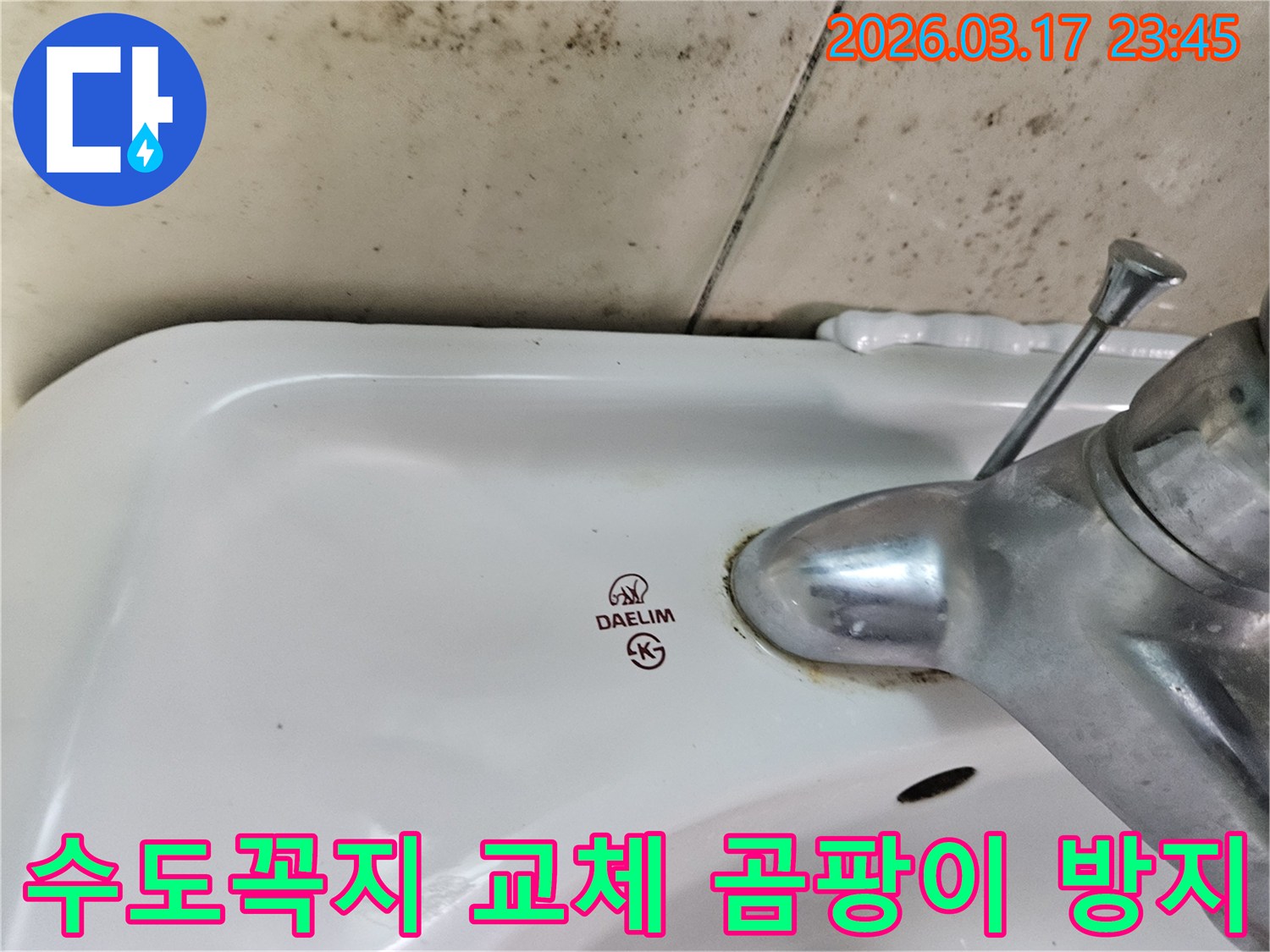 대림 세면대와 수도꼭지 주변의 낡은 모습과-벽면에 번진 곰팡이가 누수 문제의 심각성을 보여주는 모습입니다.