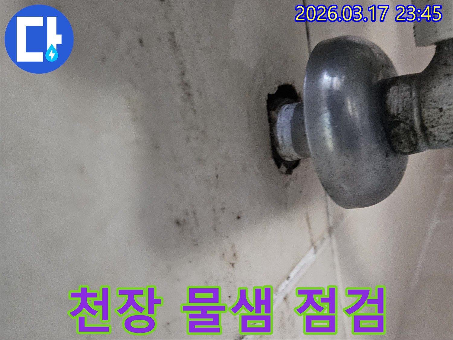 배관 연결 부위에서 시작된 누수-천장으로 번진 곰팡이 흔적입니다