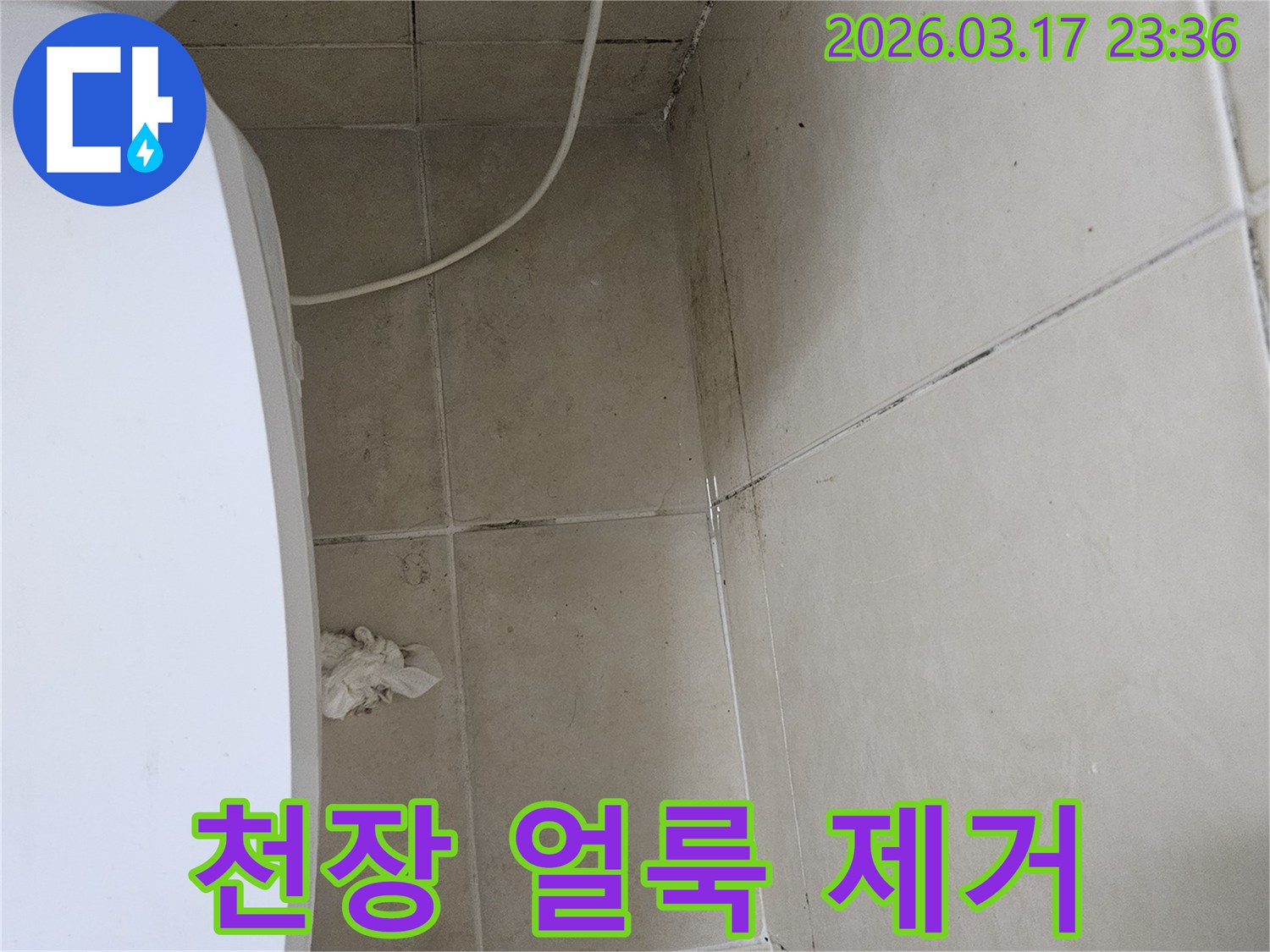 이 이미지는-천장-타일과-벽면-모서리에-발생한-짙은-얼룩과-곰팡이를-보여주며-이는-누수로-인한-지속적인-습기-침투를-의미합니다