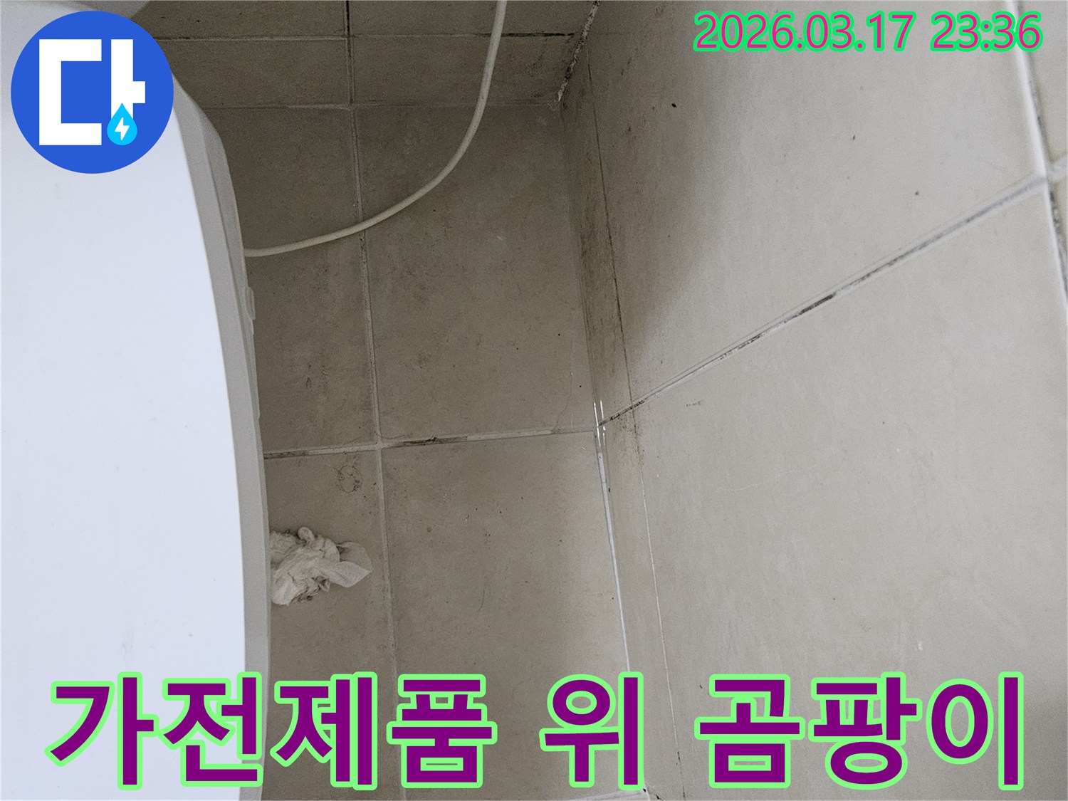 이-이미지는-하얀-가전제품-위에-위치한-천장과-벽면-타일에-발생한-심각한-곰팡이와-오염을-보여주며-이는-누수로-인한-주변-환경-악화를-시사합니다