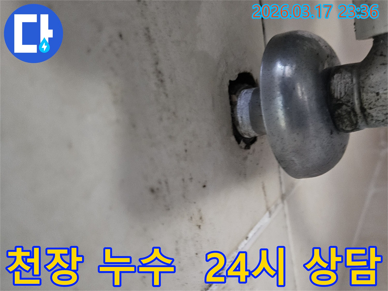 천장-배관에서-발생한-누수로-인해-오염된-벽면과-24시간-상담이-가능한-누수-현장