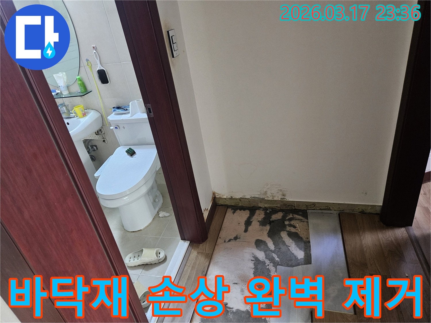 화성 병점 지역-상가 화장실 입구의-누수로 인해-바닥재가 제거되고-벽면에 곰팡이가 발생한-현장 모습입니다