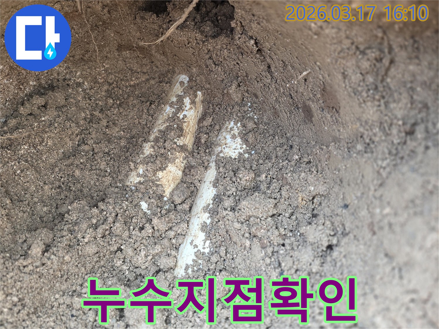 누수 공사를 위해-땅속에 묻힌 배관을-조심스럽게 노출시킨 장면입니다.