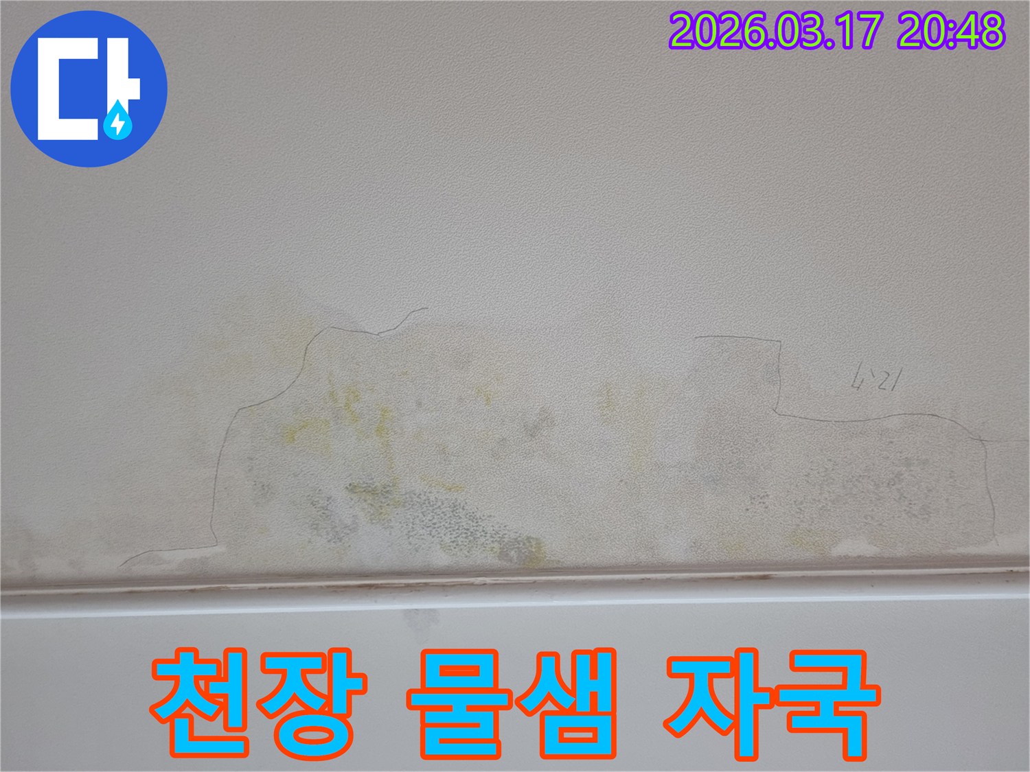 누수 문제로 천장이 손상된 모습-물얼룩과 곰팡이가 번져있어-전문가의 도움이 필요합니다