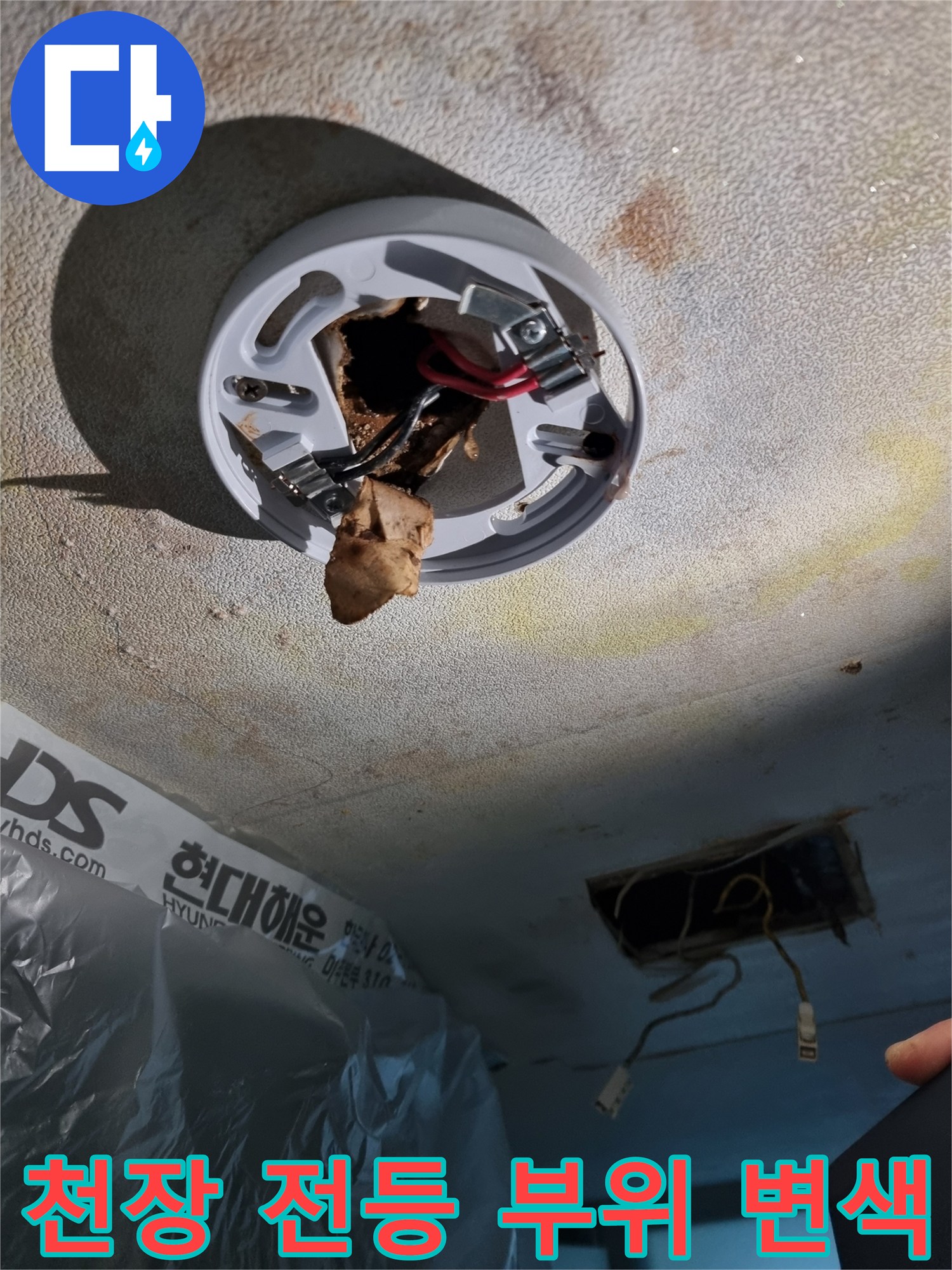 전등 주변 천장-물샘으로 인한 얼룩과 변색 현상