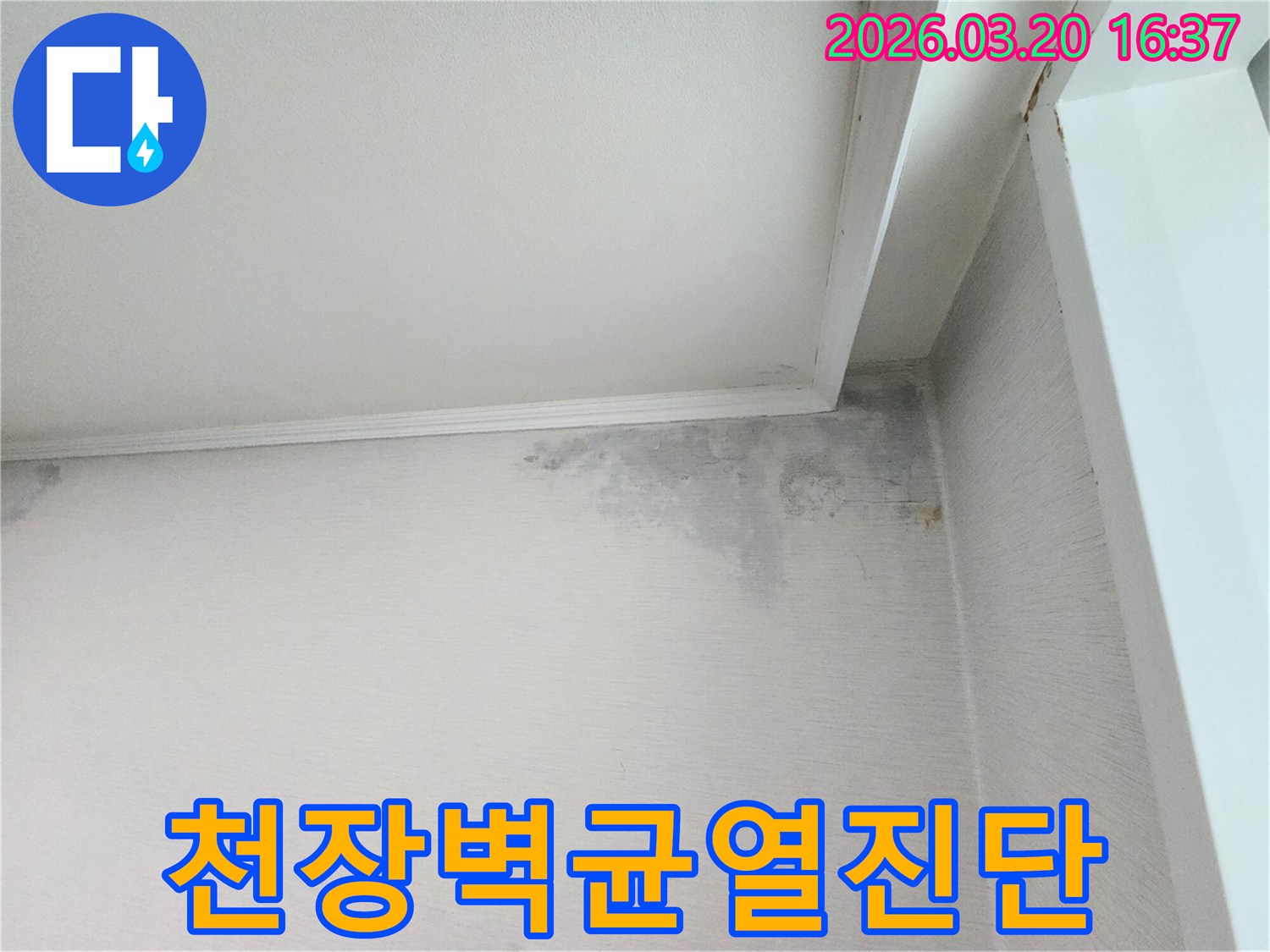 천장과-벽면-경계에-나타난-미세한-균열과-누수로-인한-젖음-현상