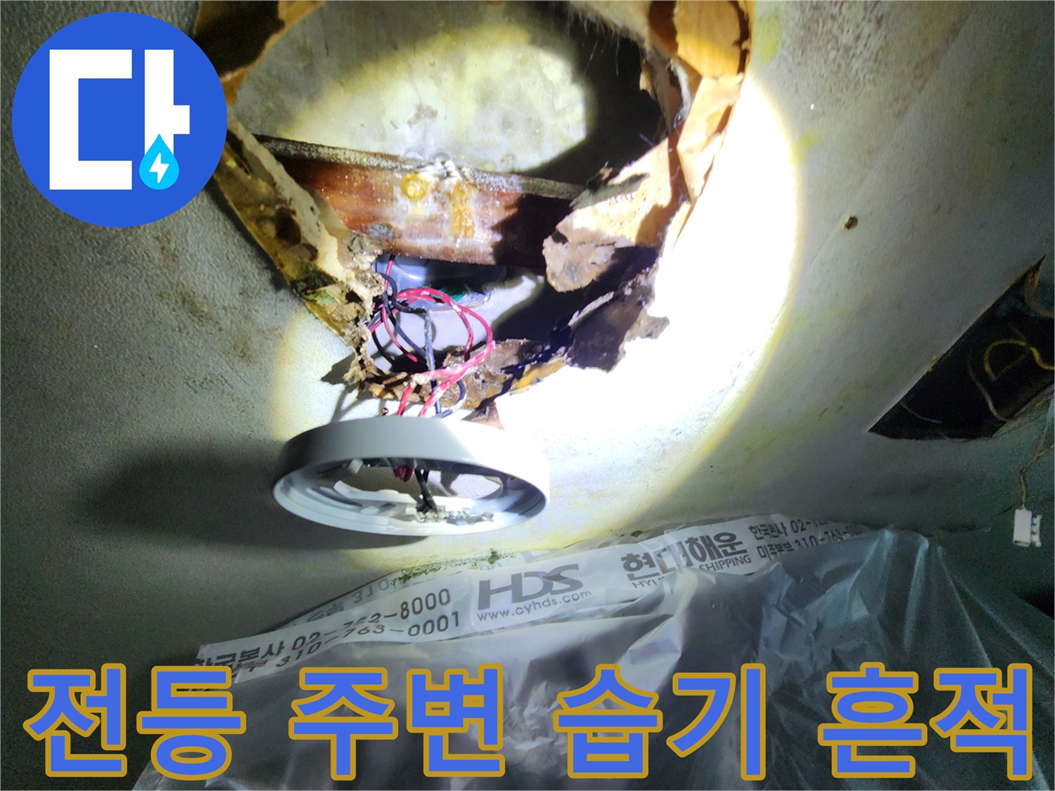 탈거된 전등 부근-물기에 젖은 천장 속 자재