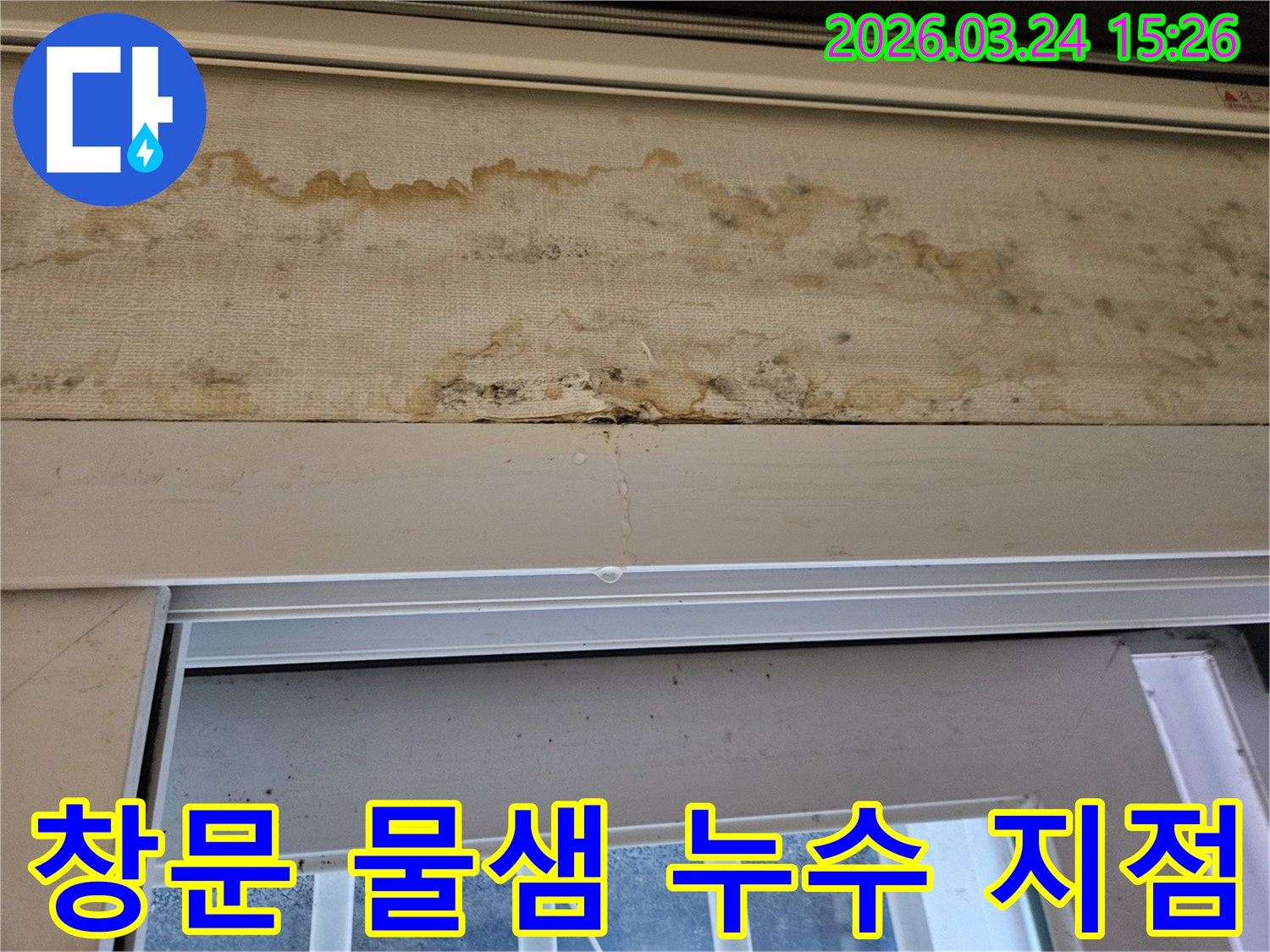 빌라 창문 아래에서 물이 새어 벽지가 젖고 곰팡이가 발생한 누수 현장에서 정확한 누수 지점을 확인하는 모습