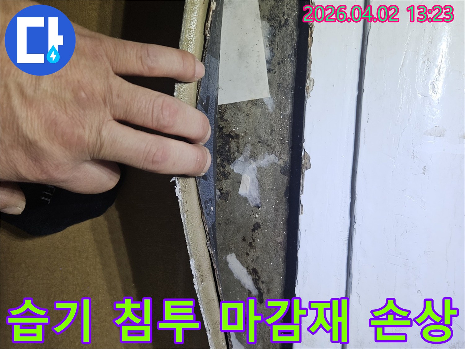 누수-전문가가-습기-침투로-손상된-마감재를-정밀하게-점검하는-모습