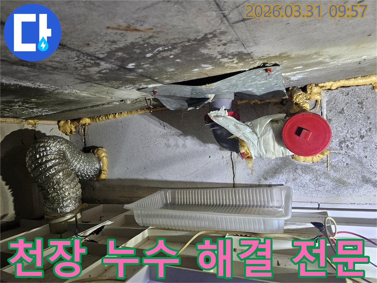 빌라 천장에서 발생한 누수-전문가가 현장을 점검하고 해결하는 모습