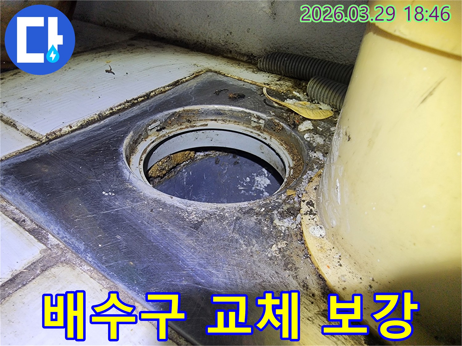 배수구 주변의-물샘과-오염으로-인한-곰팡이-발생 현장을-담은-사진입니다.