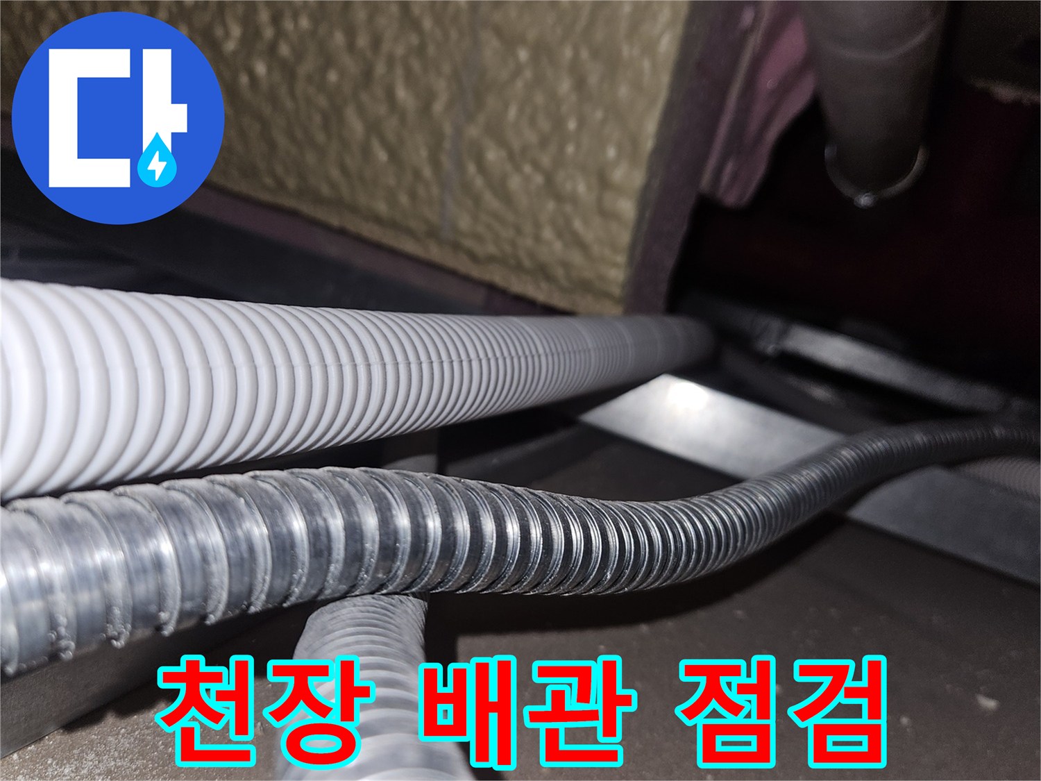 골프장 천장 내부의 복잡한 배선과 배수 배관 상태 확인
