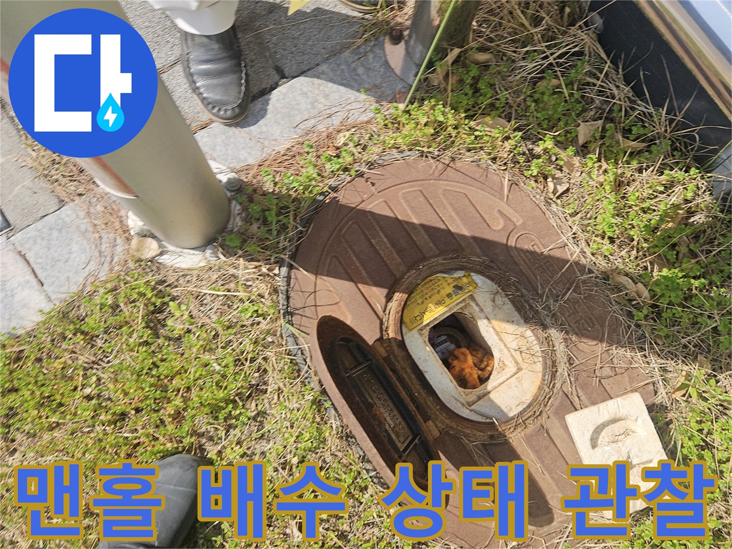 맨홀 내부의 물 고임 현상과 주변 토사 상태를 보여주는 사진입니다.