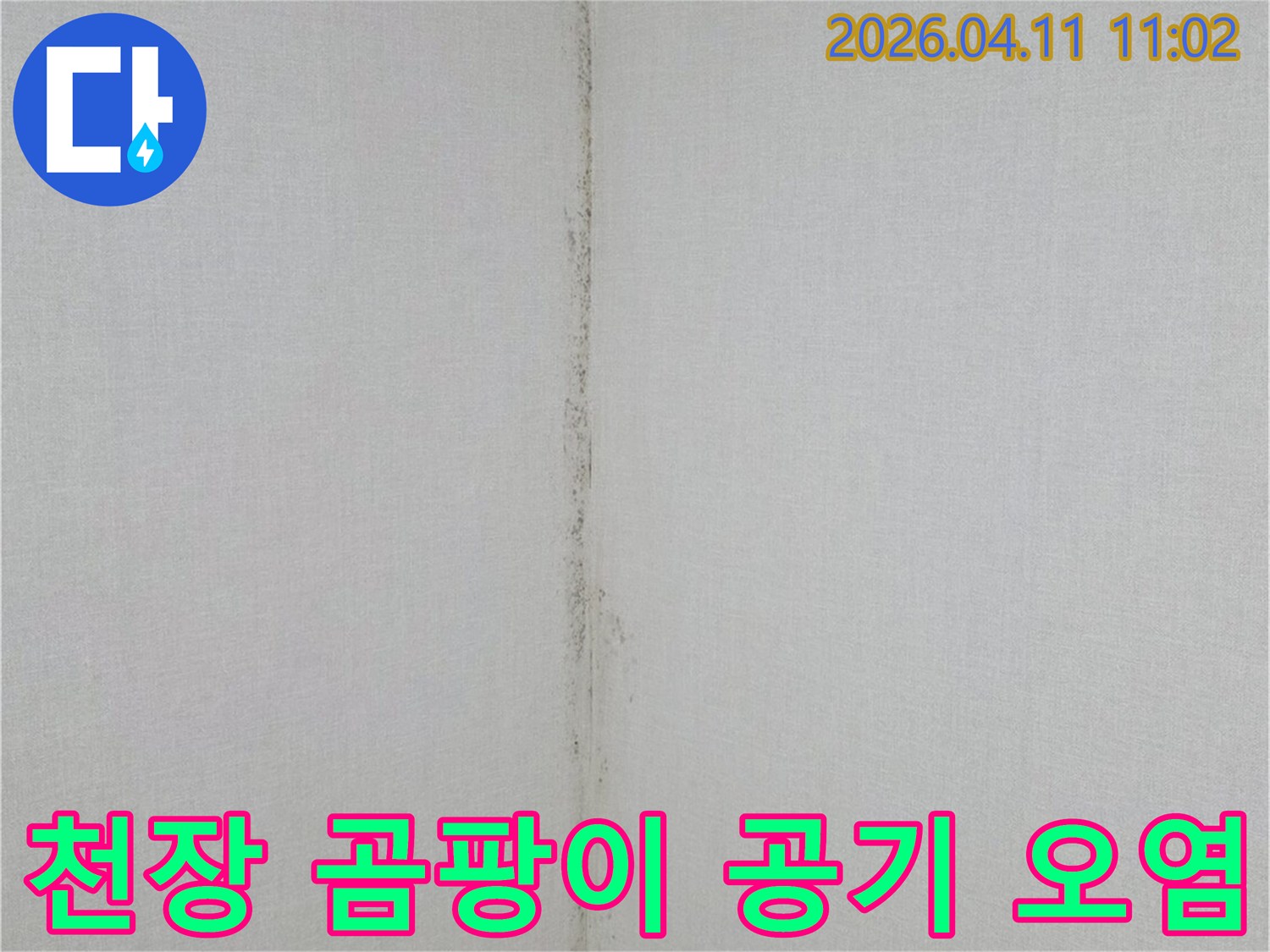 천장과-벽면-경계에-발생한-누수-흔적과-곰팡이-오염을-보여주는-사진입니다.