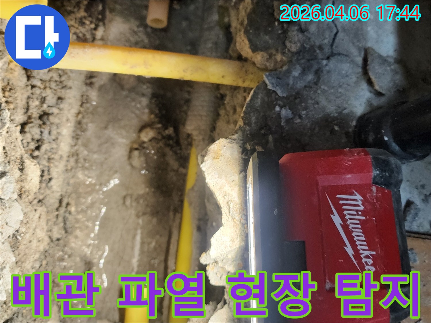 누수-엔지니어가-밀워키-작업등으로-배관-주변의-젖은-흙과-물기를-확인하며-파열-지점을-찾는-모습입니다