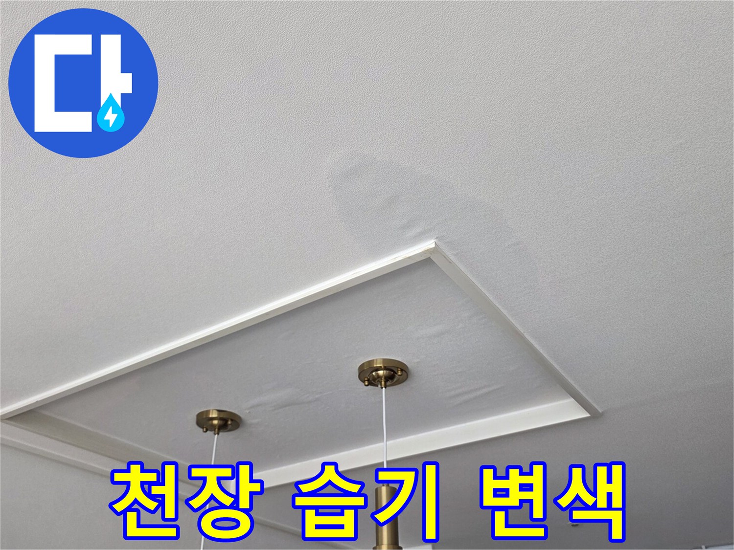 천장 마감재에 발생한 누수 유입 흔적과 변색 부위