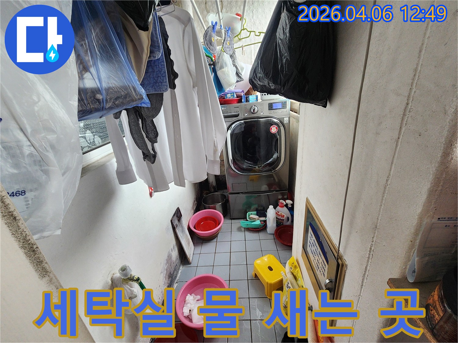 세탁실 바닥에 물이 고여 있고-벽면에 곰팡이가 피어있는-광명 아파트 누수 현장