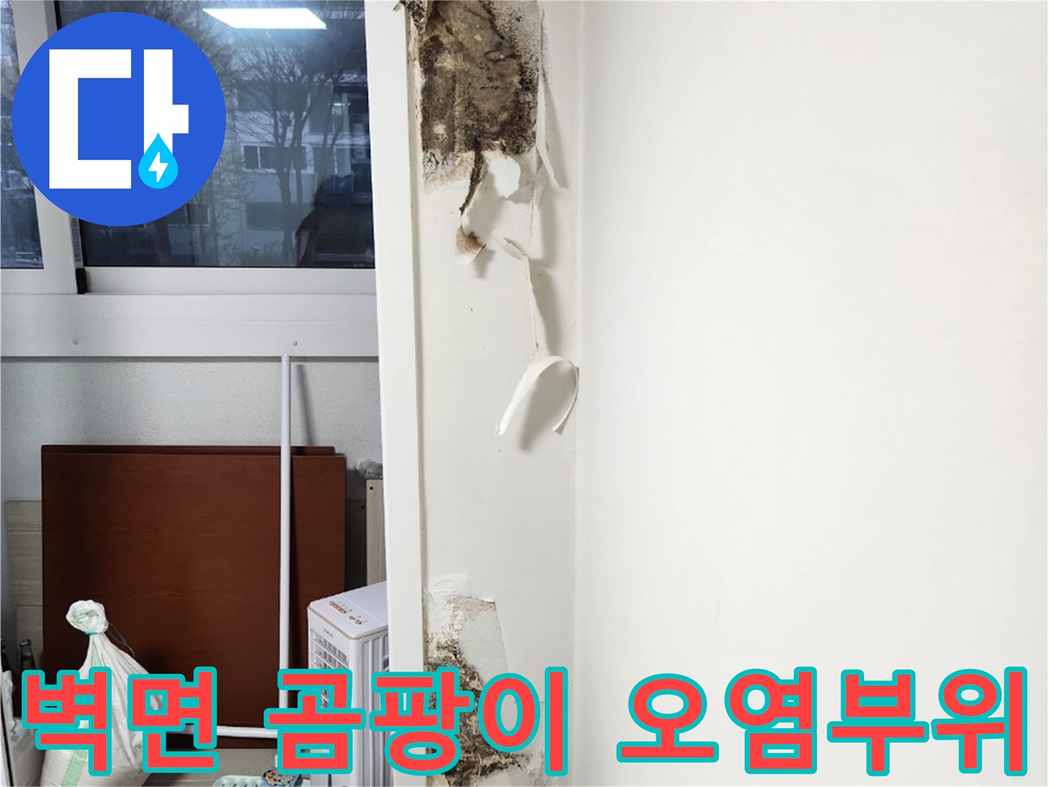 누수 흔적-심하게 부식된 벽지와 곰팡이 발생