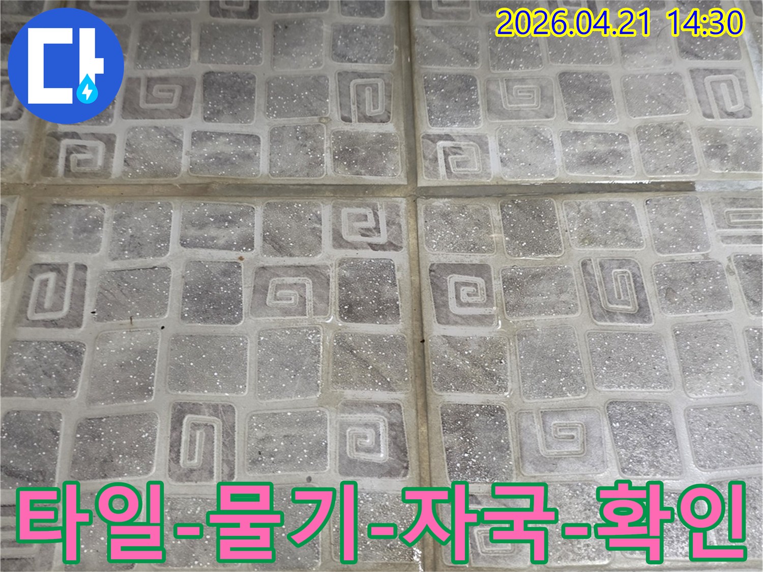 누수-전문가가-아파트-베란다-타일-표면에서-발견한-물기-자국을-확대하여-보여주는-사진으로-누수-진단에-활용됩니다