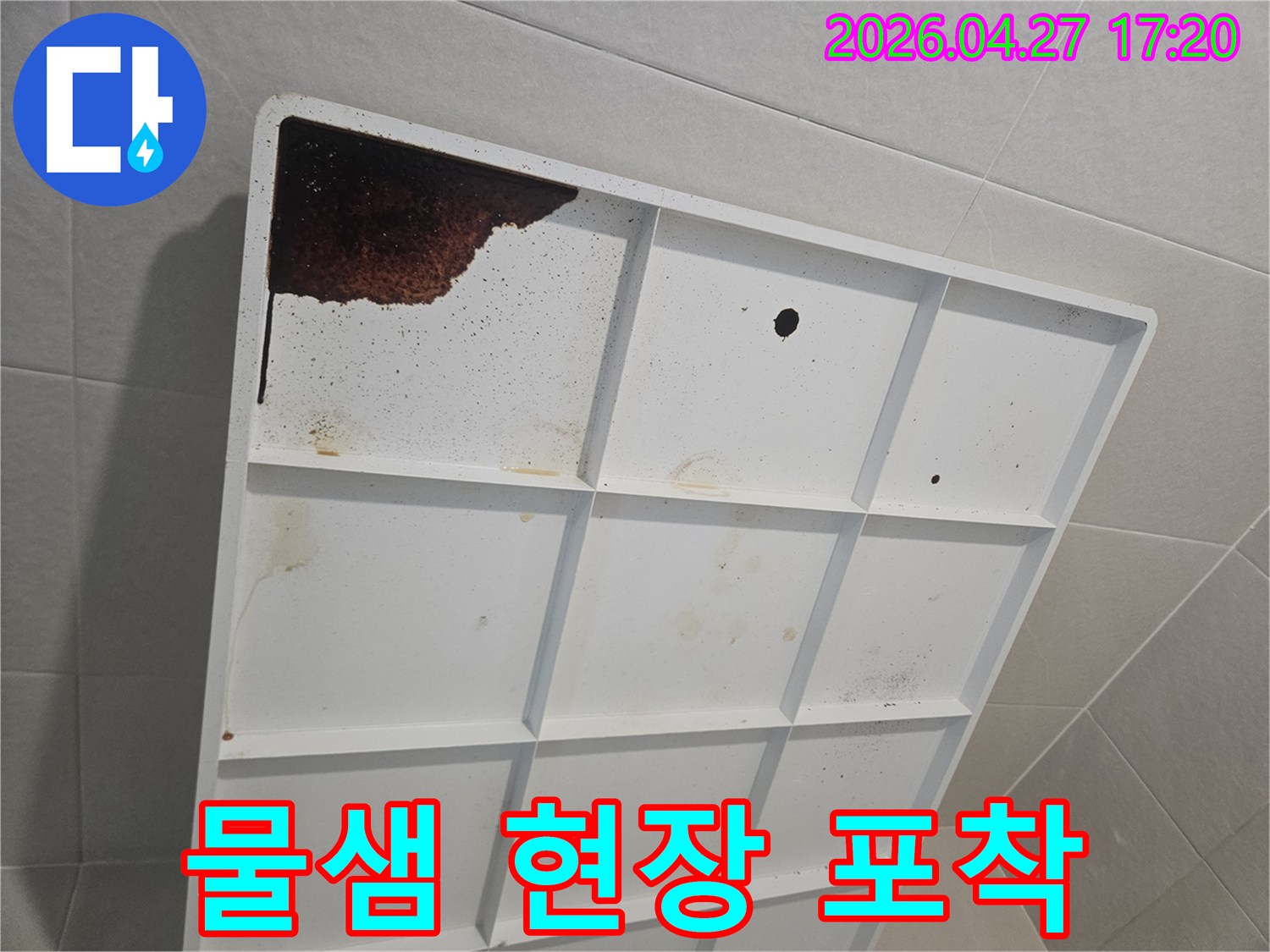 누수 전문가가 현장을 방문하여-촬영한-욕실 배수판의-물 고임 사진입니다.