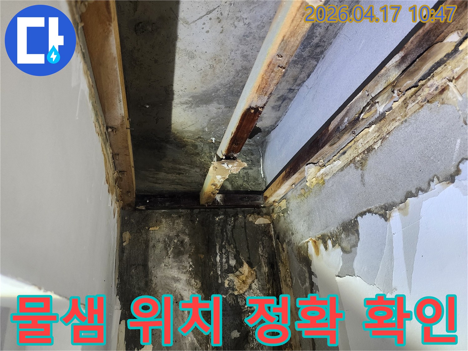 이 이미지는-서울 서초구 잠원동에서 발생한-천장 누수로 인한-심각한 벽면 손상과-물샘 흔적을 보여주며-정확한 누수 지점 파악의 중요성을 강조합니다