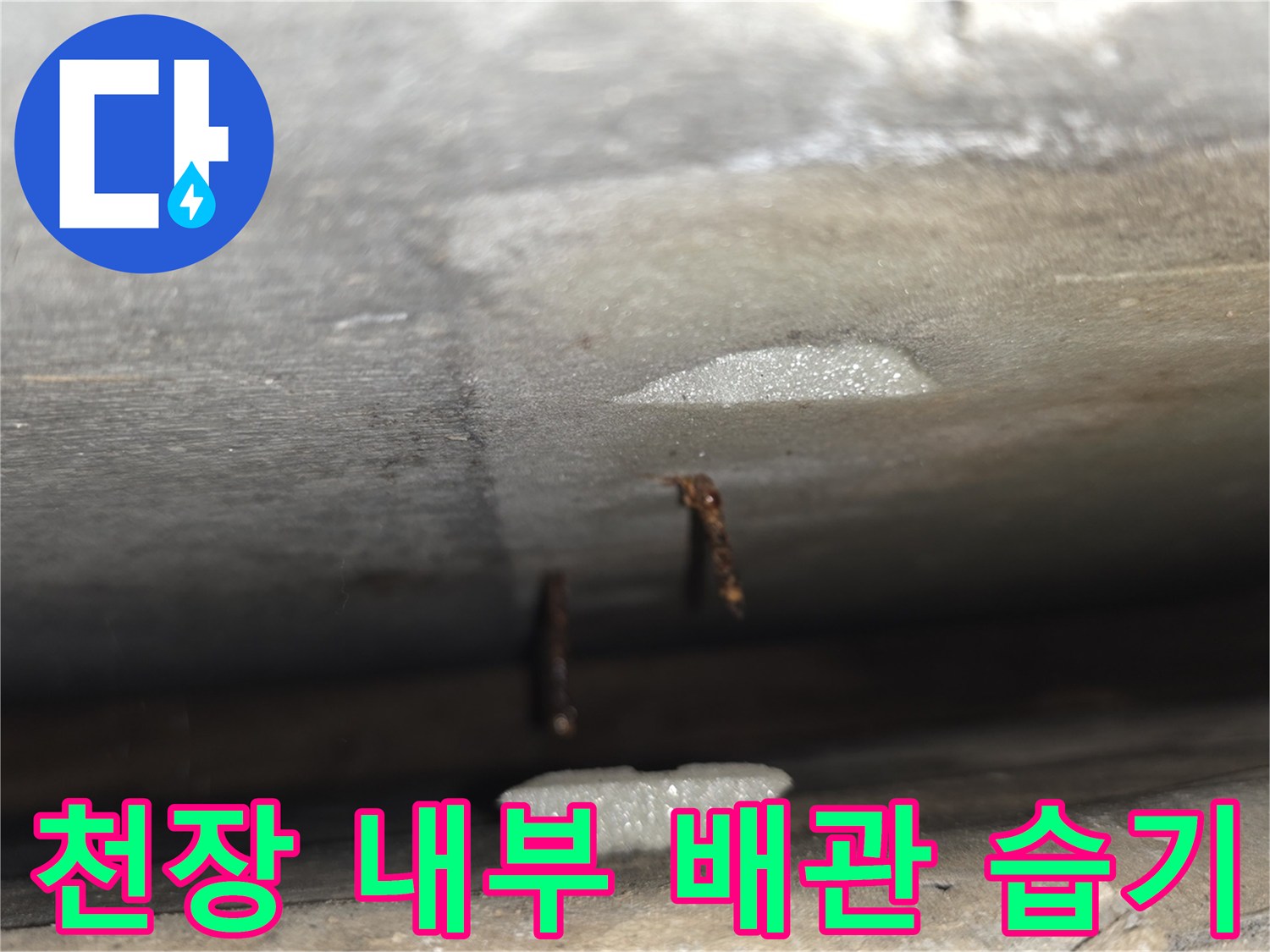 배관 주변에 형성된 젖은 얼룩과 수분 침투 흔적