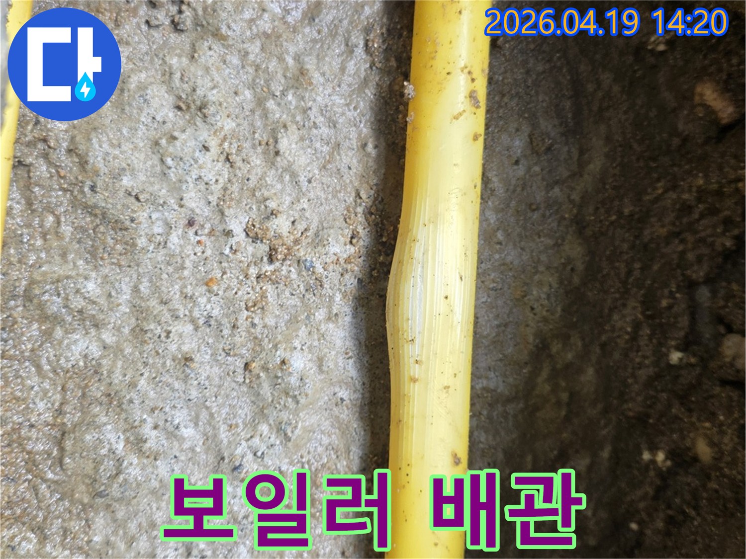 젖은 흙 속에 드러난 노란색 보일러 배관의 손상 부위가-누수 발생 지점임을 명확히 보여줍니다.