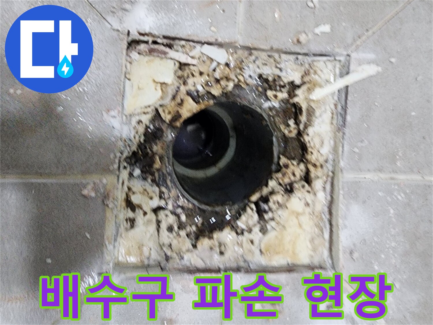 누수 엔지니어가 손상된 욕실 배수구 주변을- 면밀히 점검하며- 누수 원인을 탐색하고 있습니다.