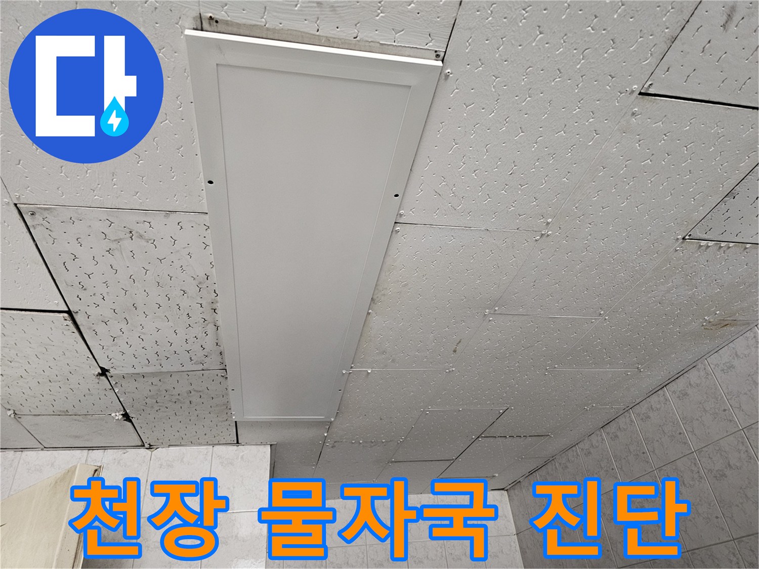 천장 텍스에 생긴-물 자국을 확인하며-누수 공사 전 정밀 진단을 진행하는 모습