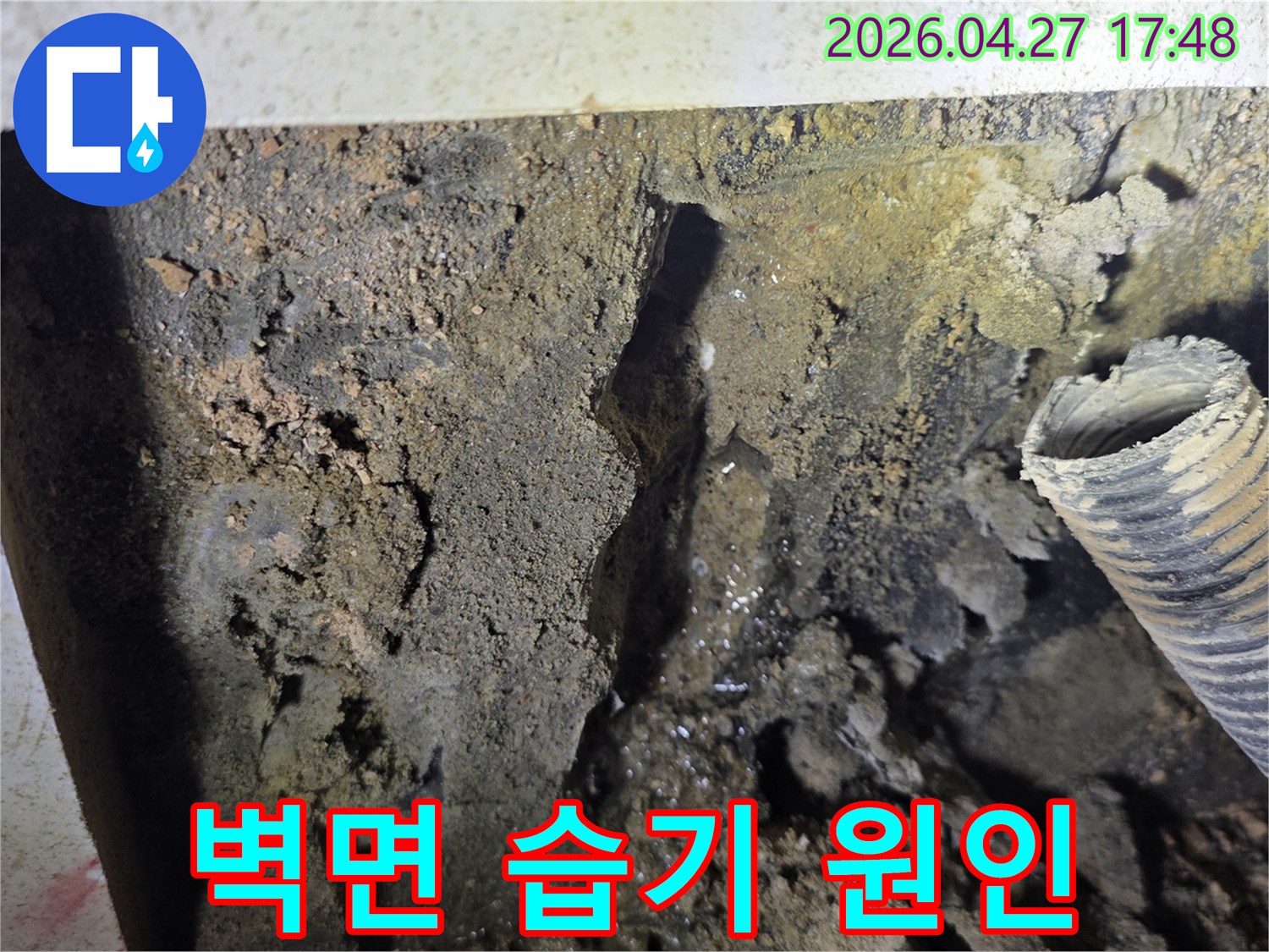 벽면 내부에서-물이 새어 나와-흙이 젖고-습기가 가득한-누수 현장 이미지