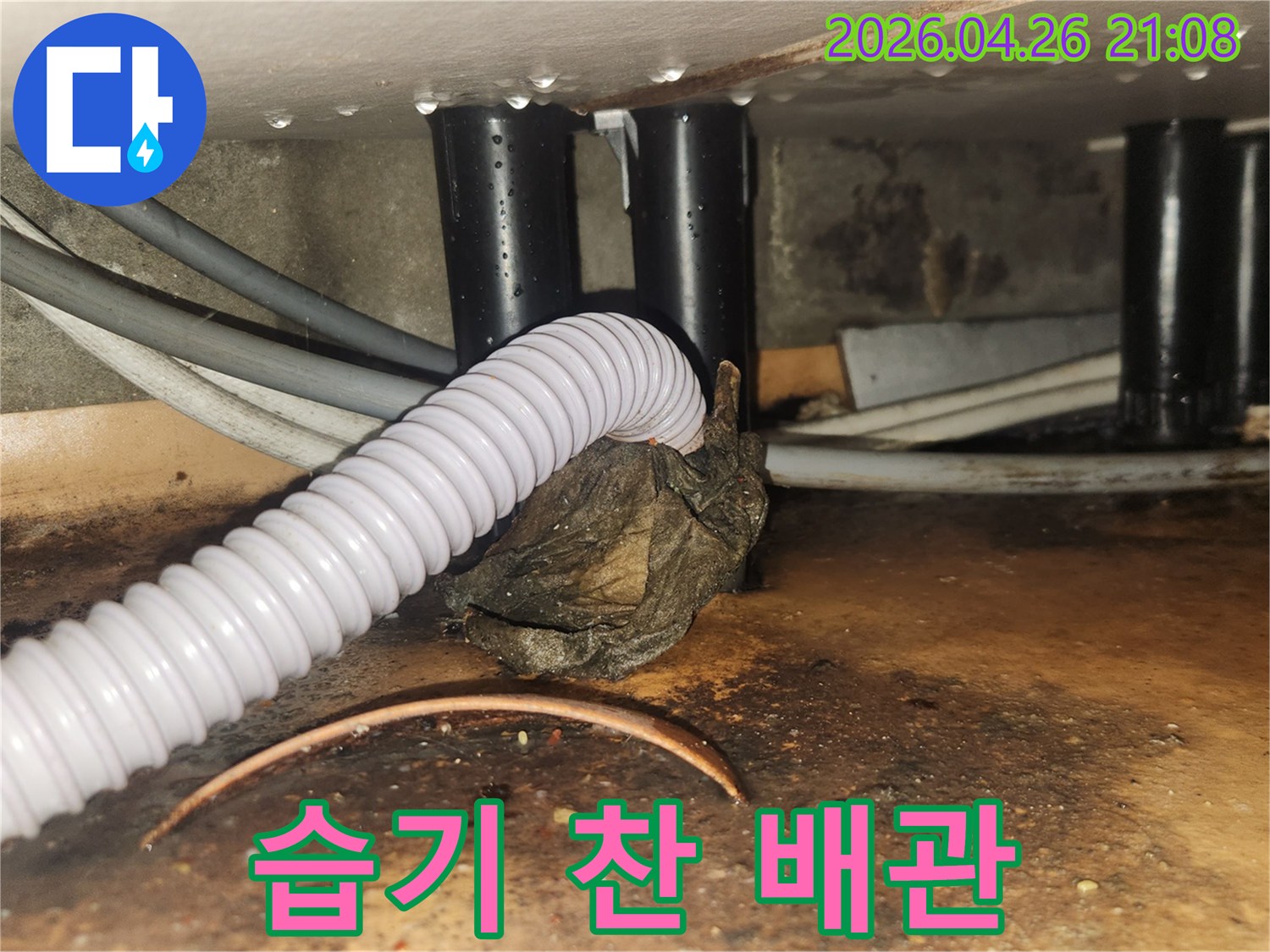 배관 하단부에 물이 고여있고-천장에서 물방울이 떨어지는-누수 현장 사진입니다.