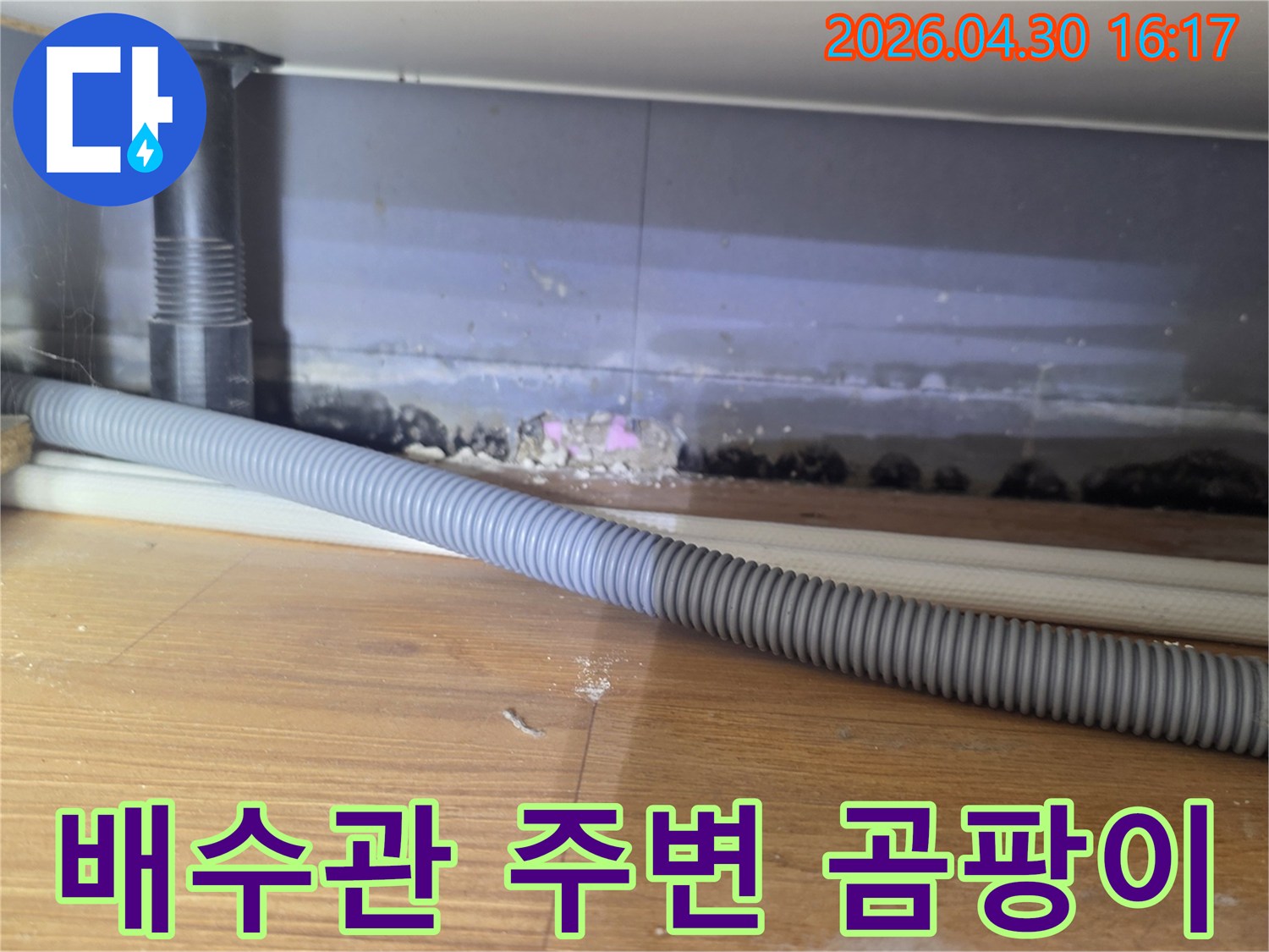 주방 싱크대 하부 배수관 주변에 발생한 곰팡이와-물기로 인한 오염 흔적을 보여주는 사진