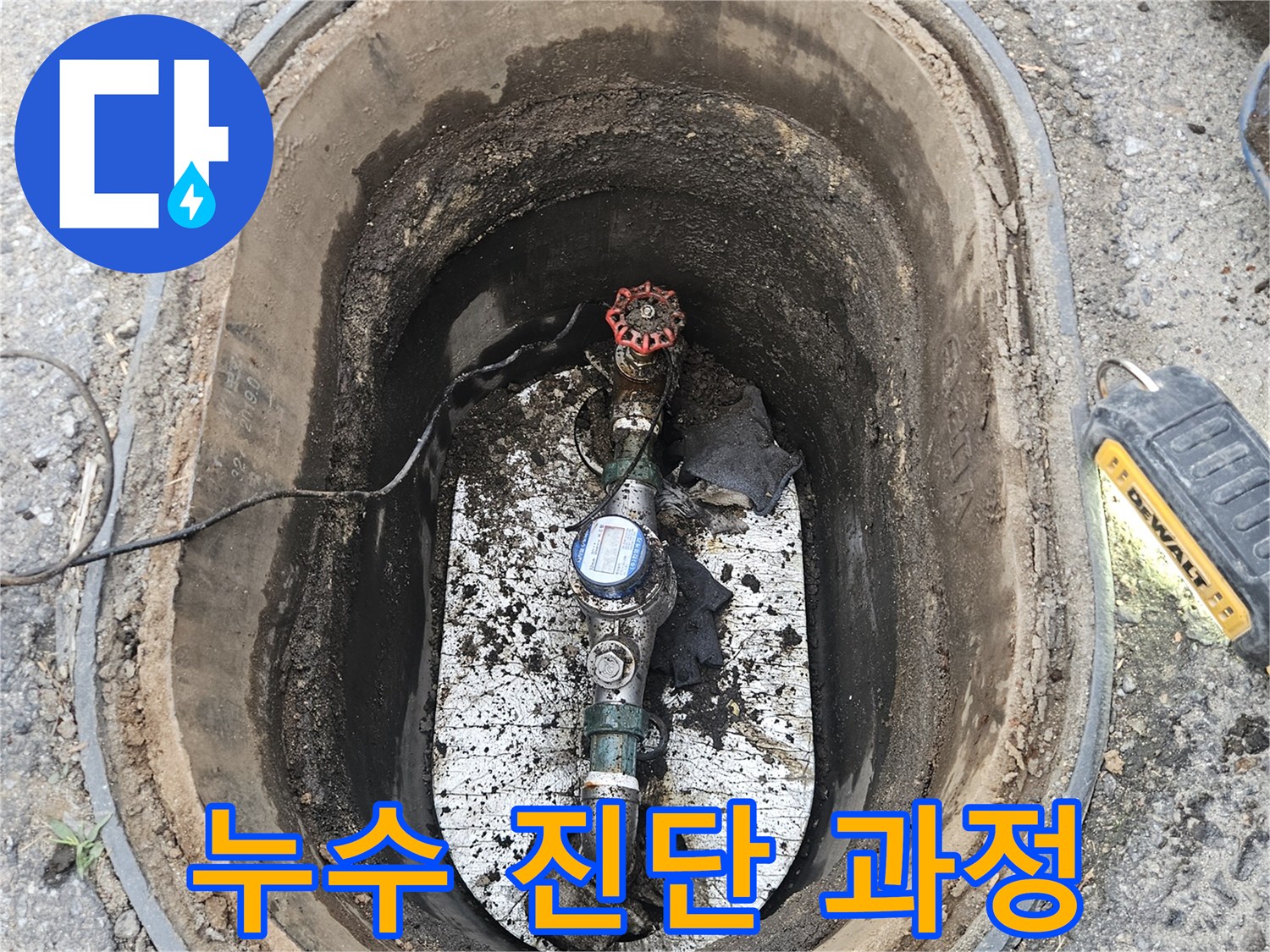 포천 왕방로의 누수 현장에서-전문가가 지하 계량기의 회전을 통해-누수 진단 과정을 시작하는 모습