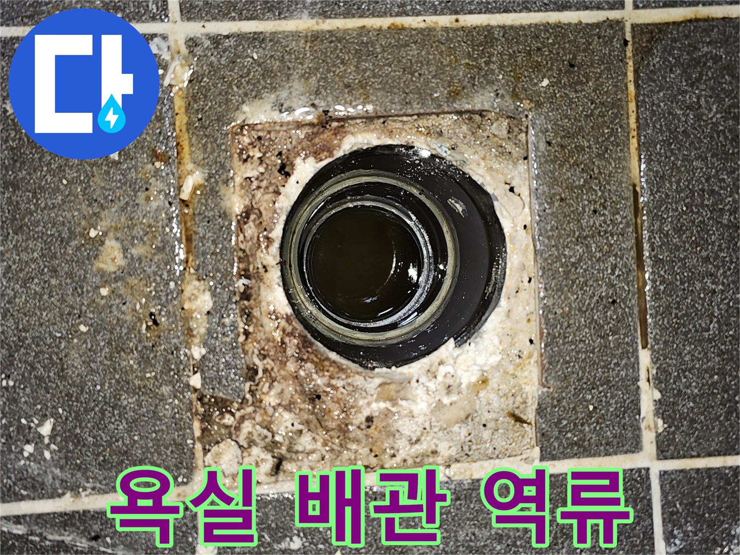 욕실 배관에서 오수가 역류하여-바닥에 고여있는 모습을 보여주는-긴급한 누수 상황의 사진입니다.