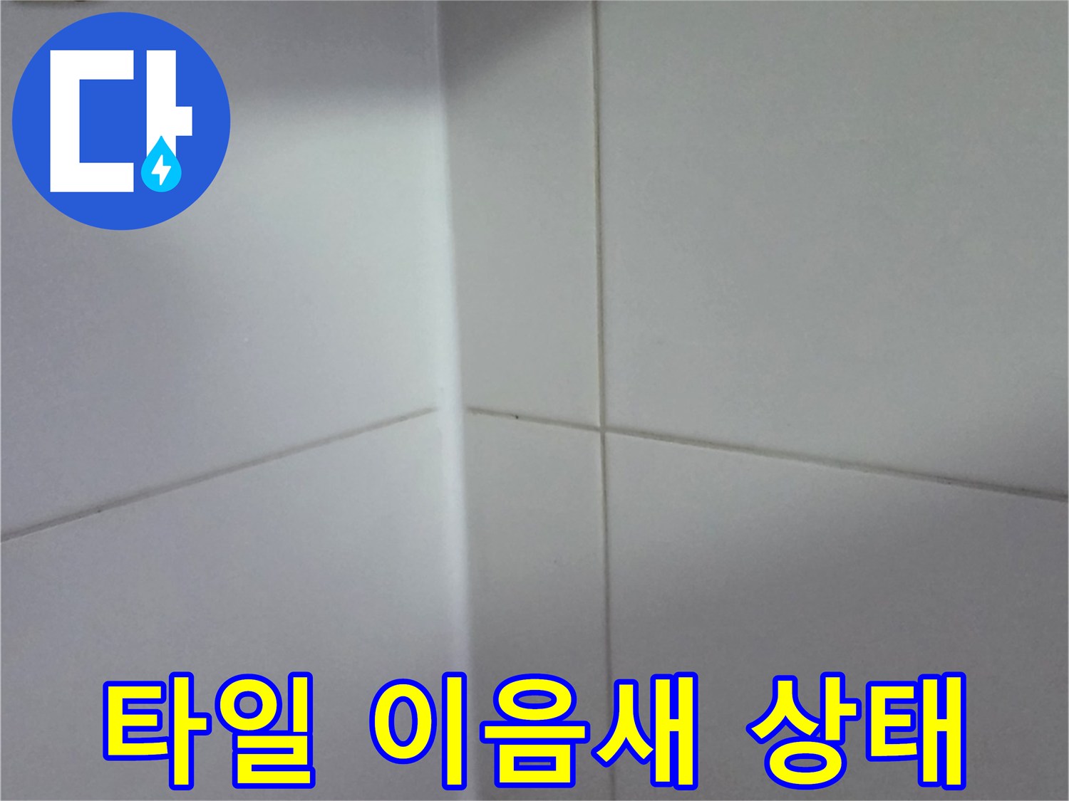 백색 타일 사이의 줄눈과 경계면을 근접 촬영한 사진