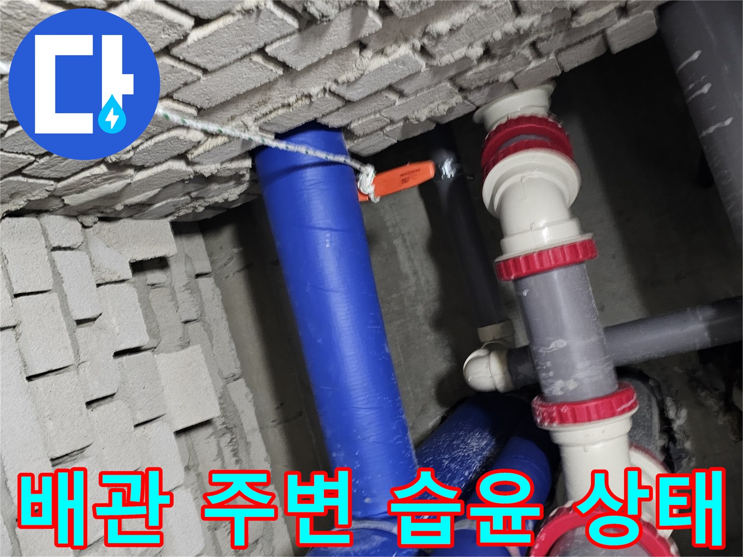 천장 배관 구조물-습기가 스며든 파란색 배관과 흰색 소켓