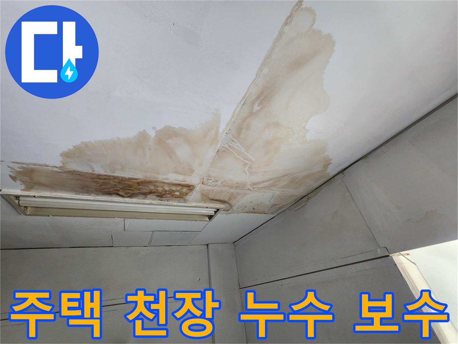 주택 천장 표면에 물이 새어 발생한 갈색 얼룩과 곰팡이가 넓게 퍼져있는-보수 전의 모습