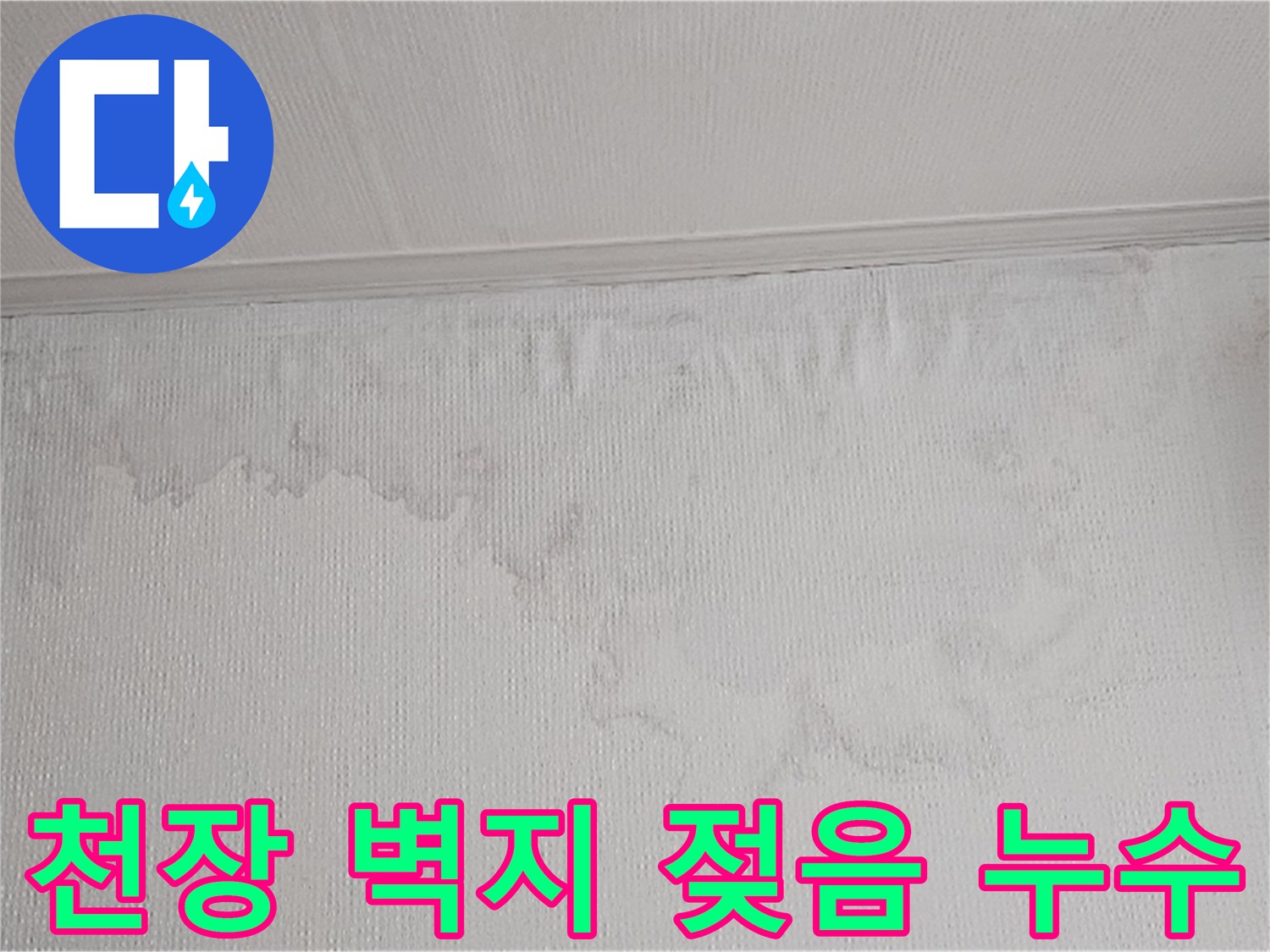 천장과 벽지 경계에 물이 새어 벽지가 젖고 변색된 누수 흔적입니다-정밀 진단이 필요합니다