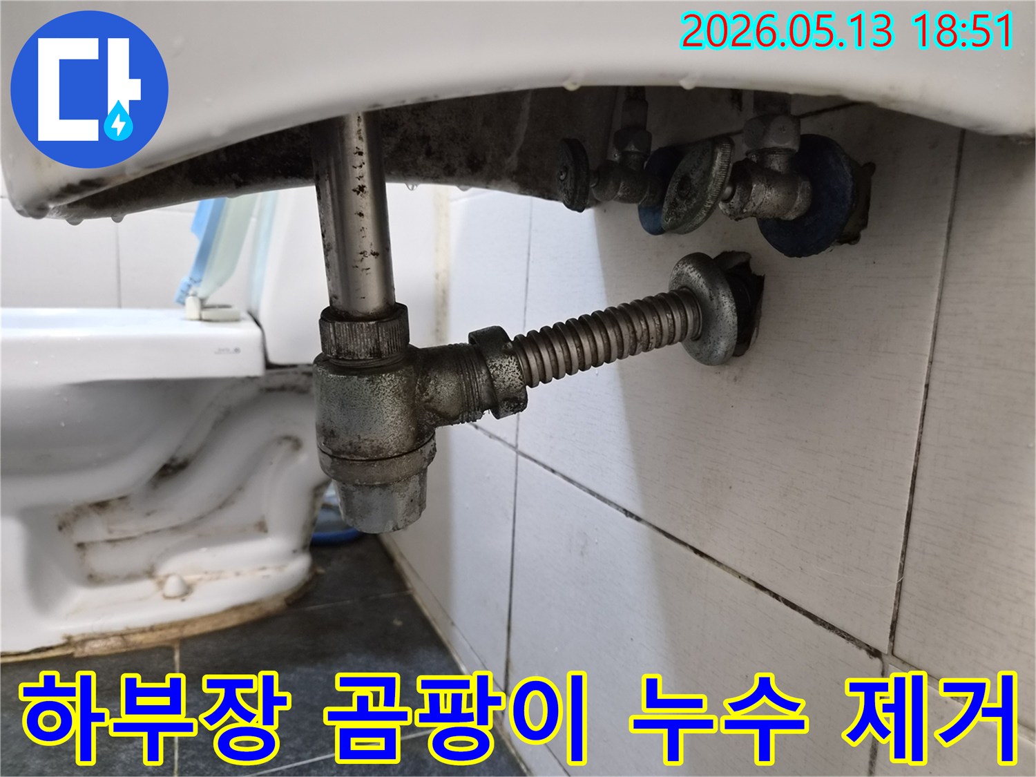 세면대 하부 배관에서 물이 새어 나와-하부장에 곰팡이가 생긴 모습을 보여줍니다