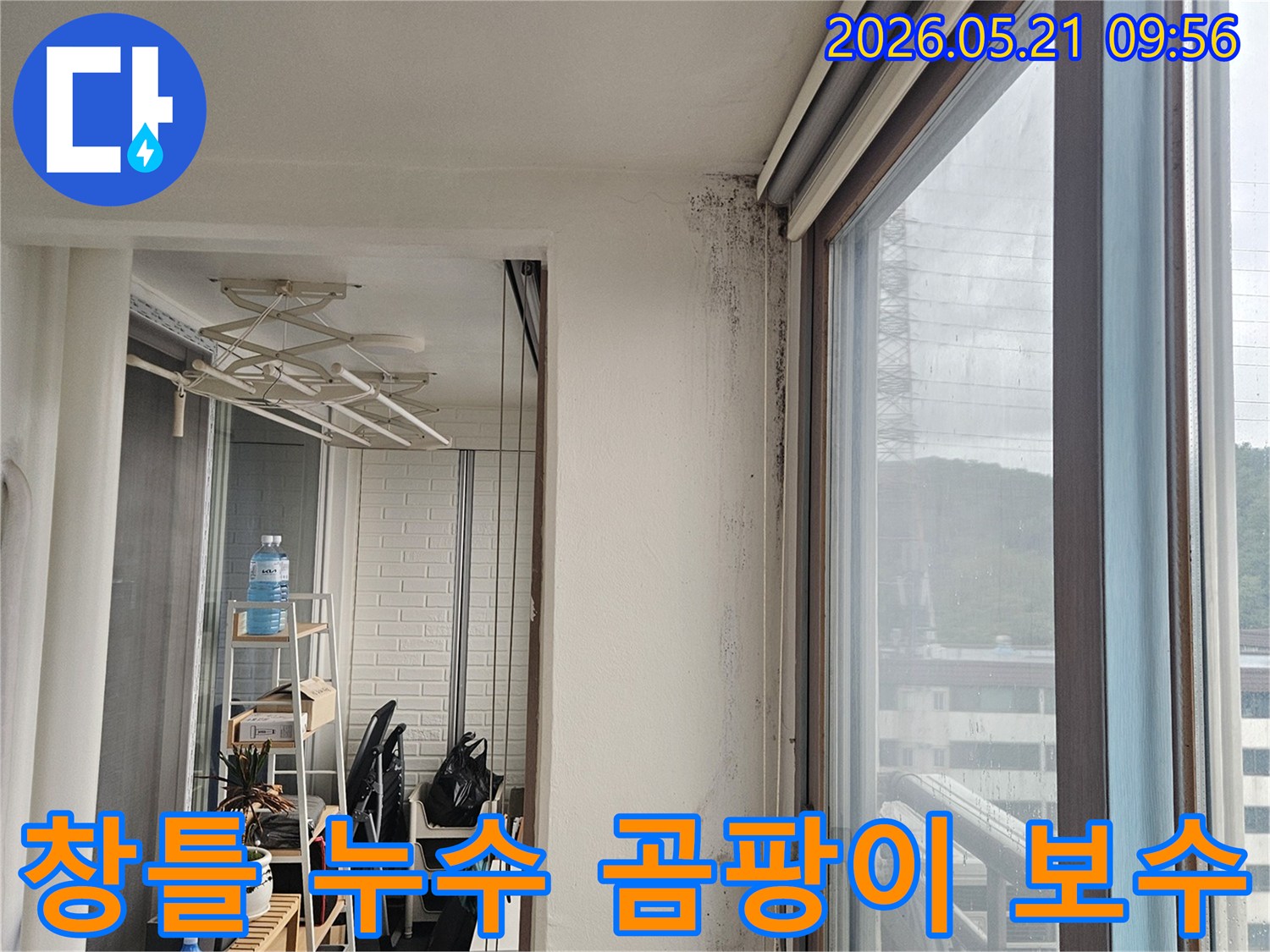 창문 모서리 벽면에 창틀 누수로 인한 검은 곰팡이와 물-자국이 심하게 발생한 모습입니다.