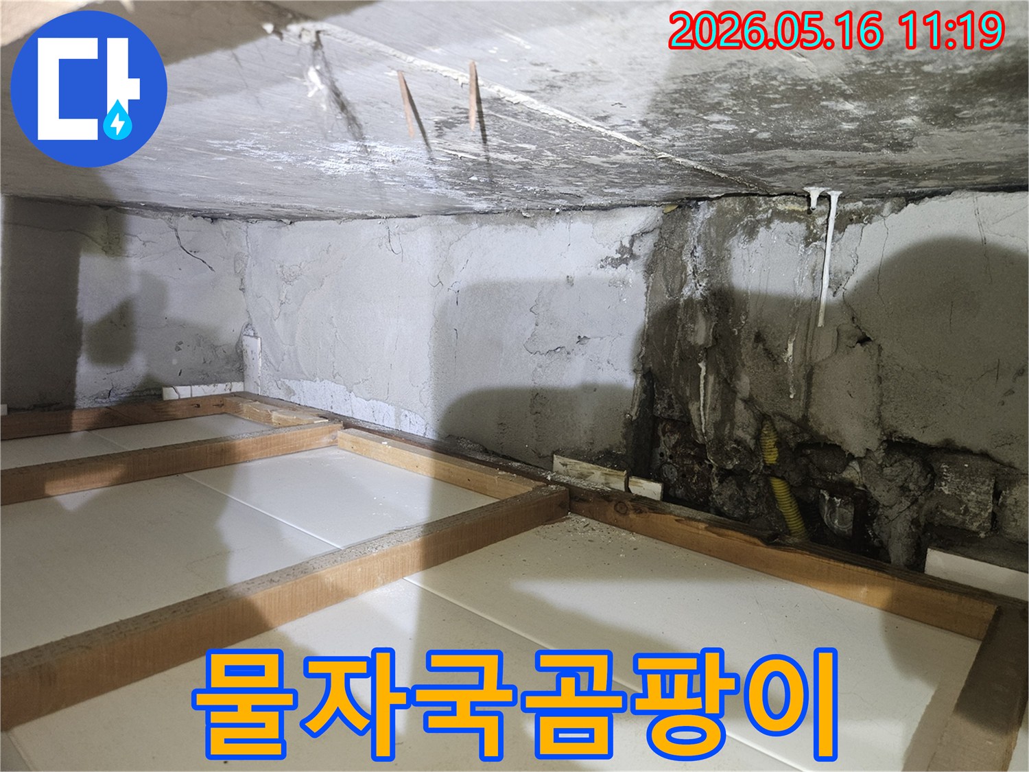 지하-공간의-천장과-벽면에-누수로-인한-물자국과-곰팡이가-생겨난-현장-모습
