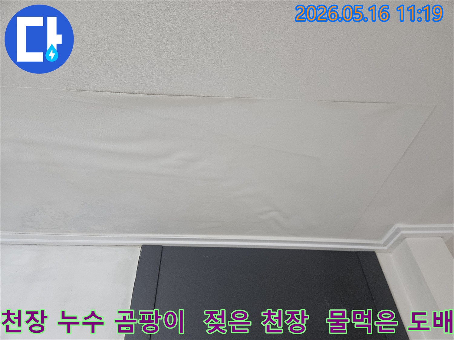 천장 도배지가 물에 젖어-누수와 곰팡이의 연관성이 보이는-처진 모습입니다