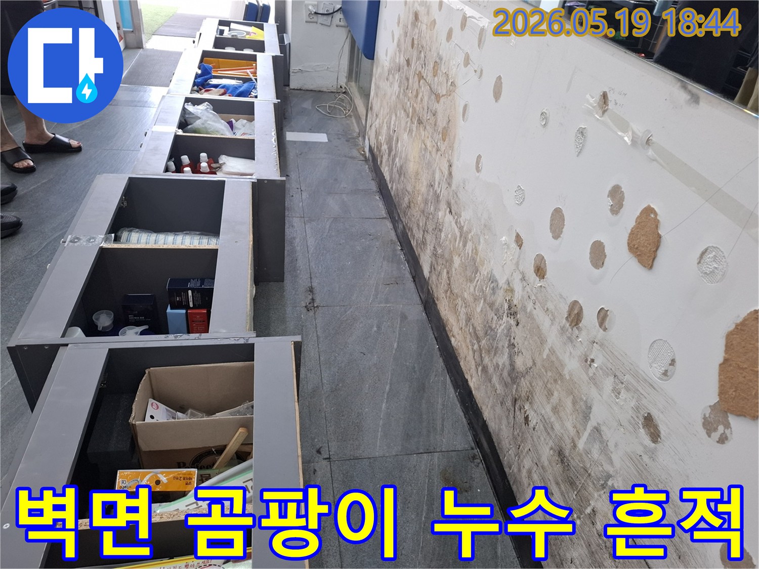 싱크대 하부 벽면에 발생한 누수로-벽지가 젖고 곰팡이가 심하게 번식한 현장 모습