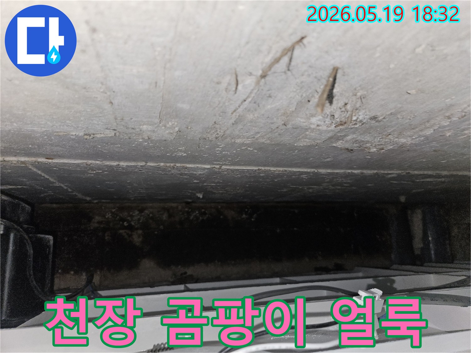 누수로-인해-천장에-생긴-짙은-곰팡이-얼룩과-오염-상태를-보여주는-사진입니다