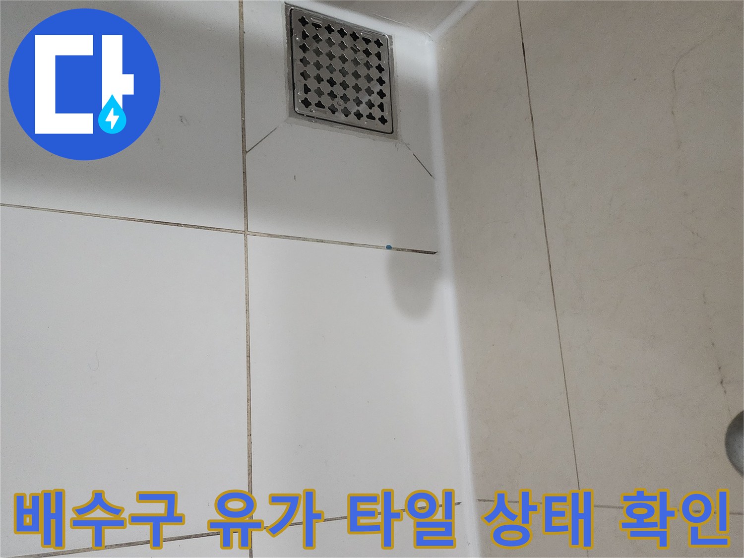 화장실 배수구 주변 유가와 타일 경계 부위 정밀 점검 모습