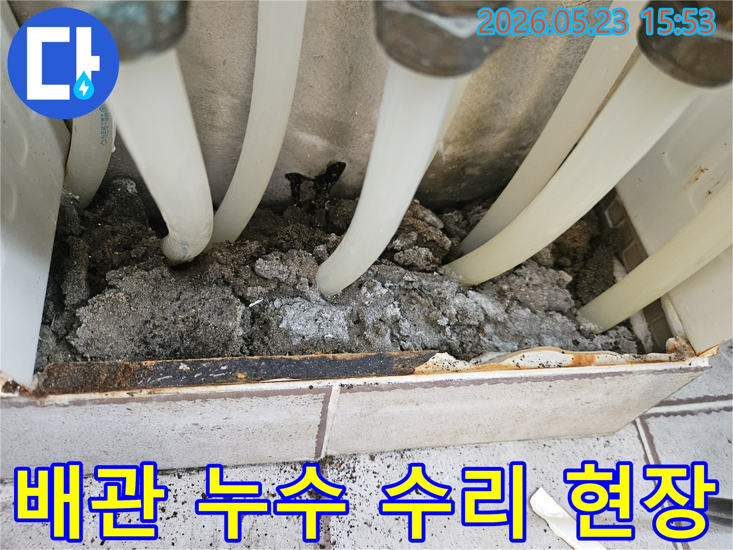 중랑구 지앤지홈타운 주택에서-배관 누수로 인해 젖은 흙과 침전물이 있는-수리 전 현장 모습