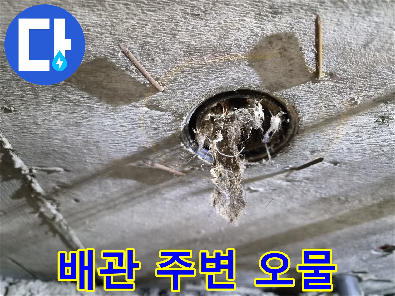 천장 배관 구멍에서 흘러나온 이물질 뭉치