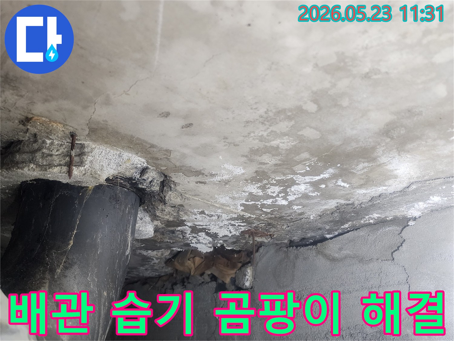 빌라 벽면의-배관 주변에서-발생한 누수로 인한-심각한 습기와 곰팡이를-완벽하게 해결해야 하는-현장의 모습
